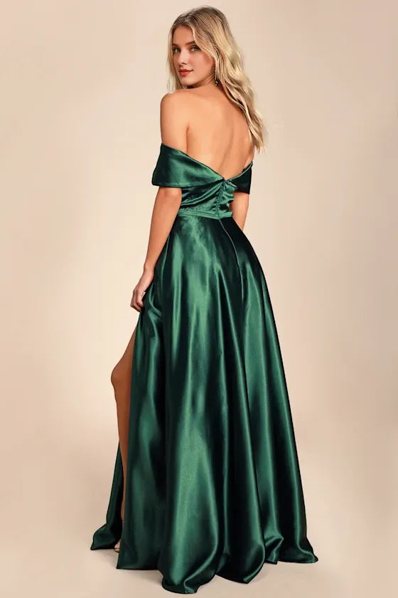 Greatest Hits Forest Green Satin Off-the-Shoulder Evening Dresses