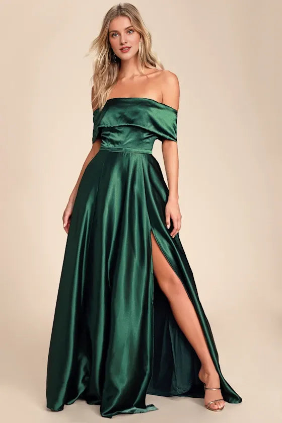 Greatest Hits Forest Green Satin Off-the-Shoulder Evening Dresses