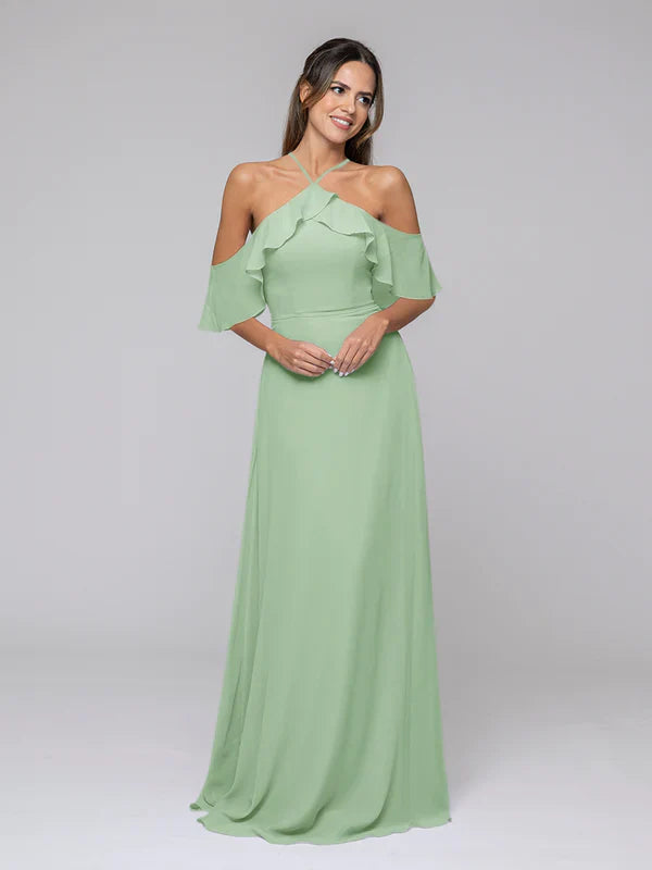 DingJiDress Halter Ruffles Off The Shoulder Chiffon Floor Length Bridesmaid Dresses