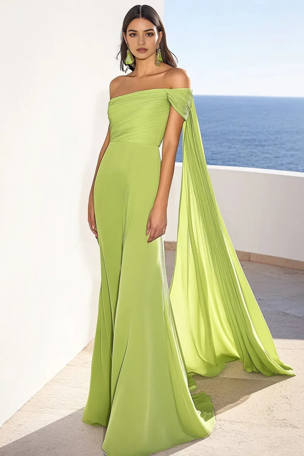 Green Chiffon Mermaid Evening Dresses with Streamer