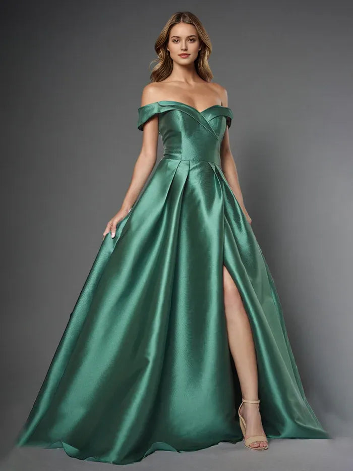 Elegant A Line Off The Shoulder Long Satin Prom Dress With Slit