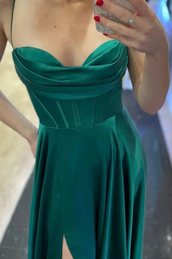 Green Satin Long A-Line Prom Dress Simple Evening Dress with Slit