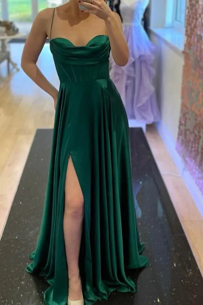 Green Satin Long A-Line Prom Dress Simple Evening Dress with Slit