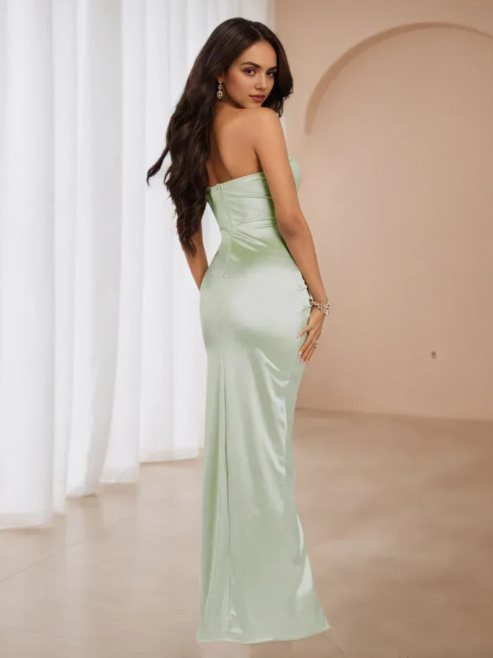 Green Satin Prom Dress Strapless Draped Bodice Effortless Parisian Chic for Evening Galas