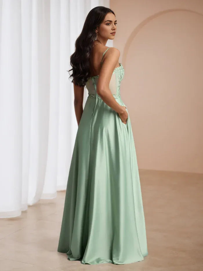 Green Satin Prom Dress with Lace Embroidered Bodice Spaghetti Straps High Slit Romantic Evening Gown for Formal Dances