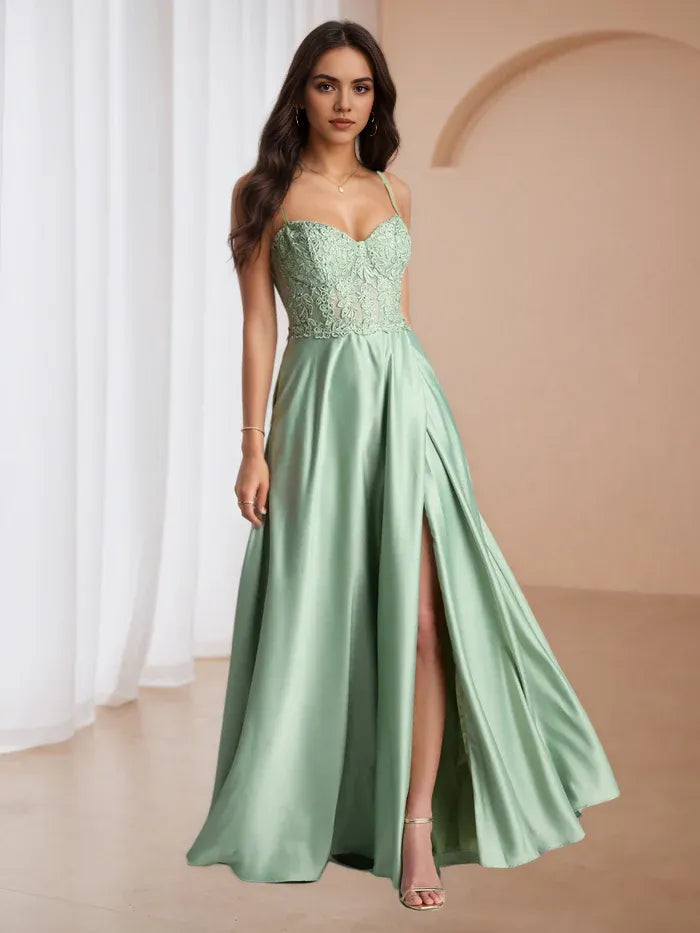 Green Satin Prom Dress with Lace Embroidered Bodice Spaghetti Straps High Slit Romantic Evening Gown for Formal Dances