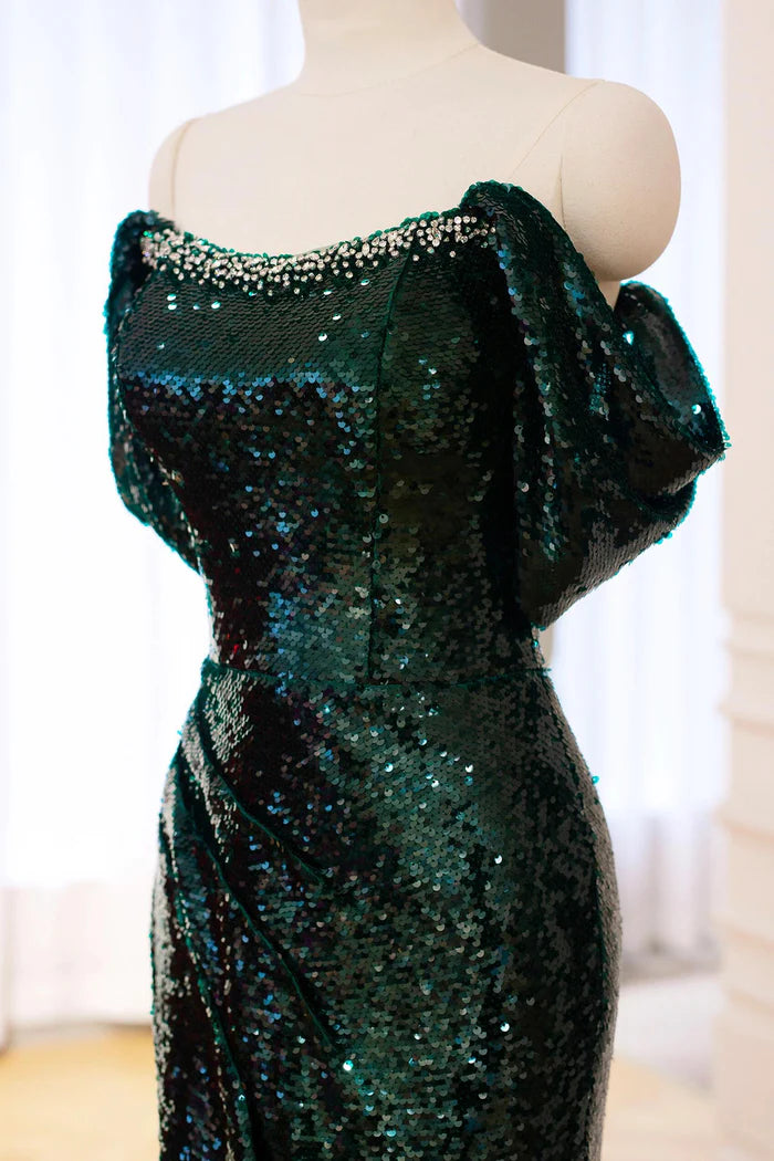 Green Sequins Long Prom Dress Mermaid Off the Shoulder Party Dress