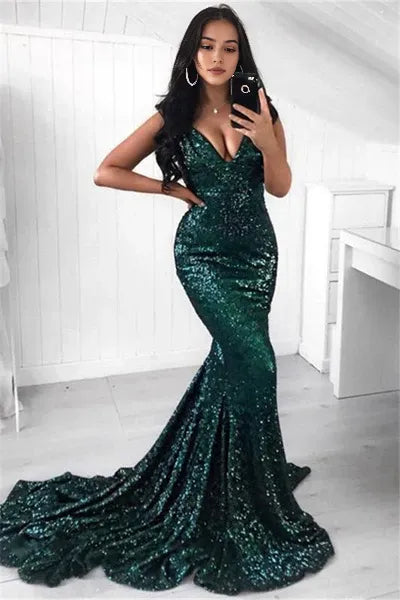 Green Sequins Prom Party Gowns| Mermaid Evening Party Dress