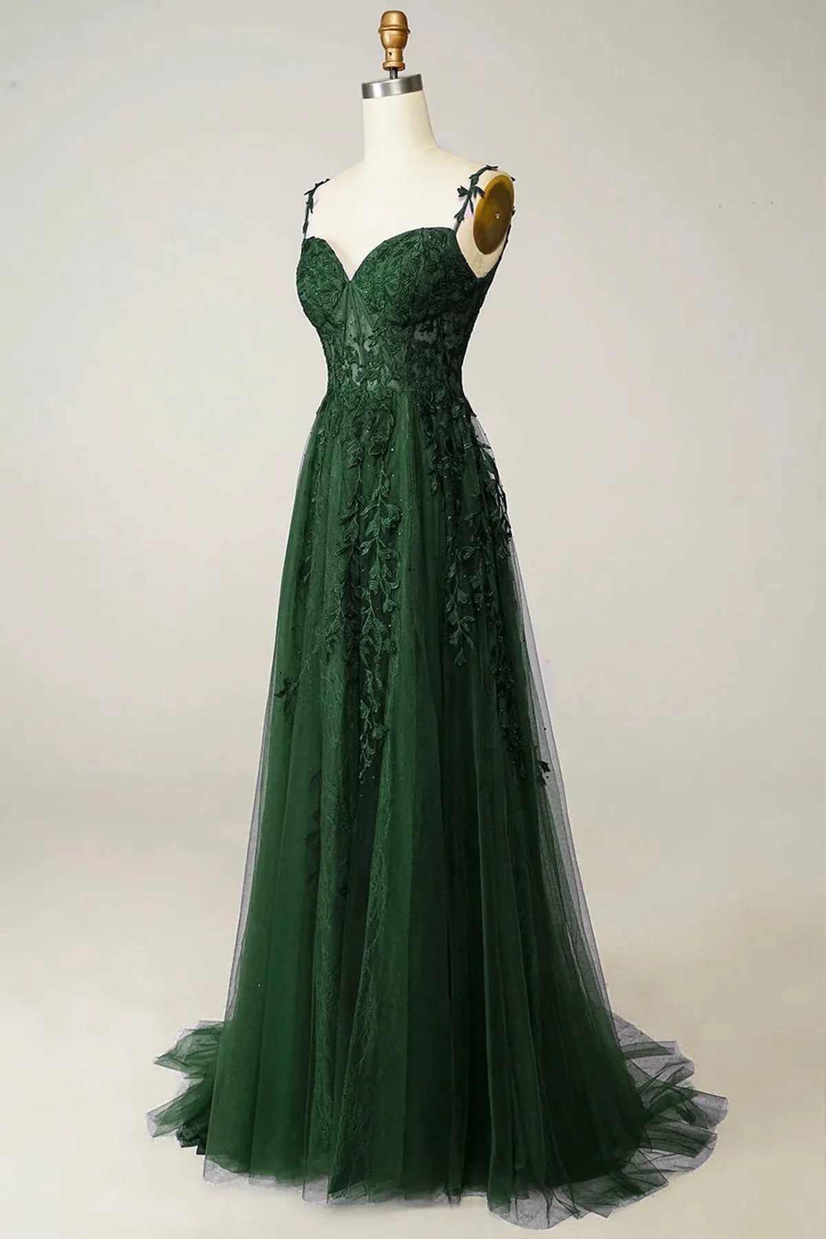 Green Tulle Lace Long Prom Dress Beautiful Spaghetti Straps Formal Dress