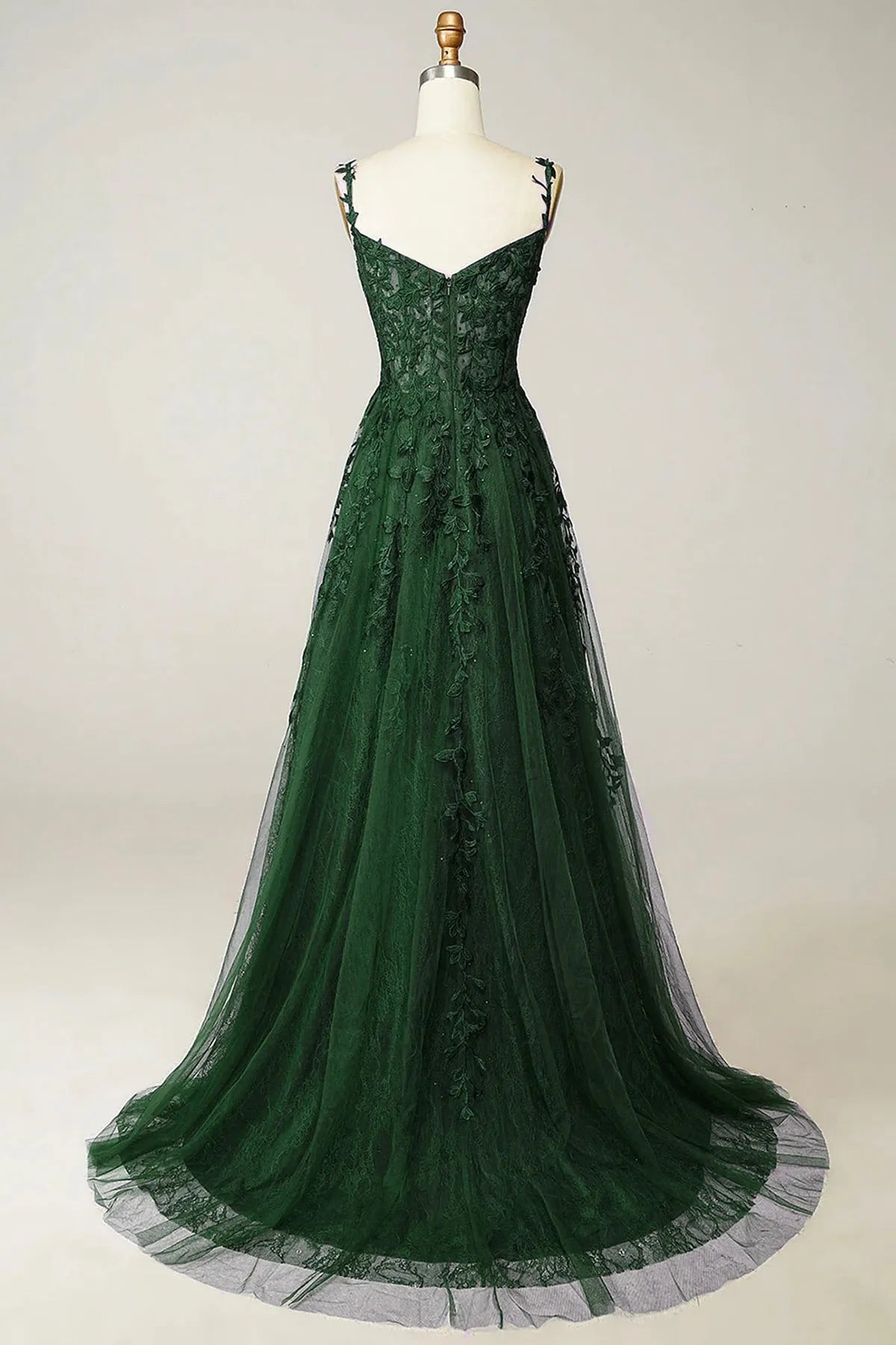 Green Tulle Lace Long Prom Dress Beautiful Spaghetti Straps Formal Dress