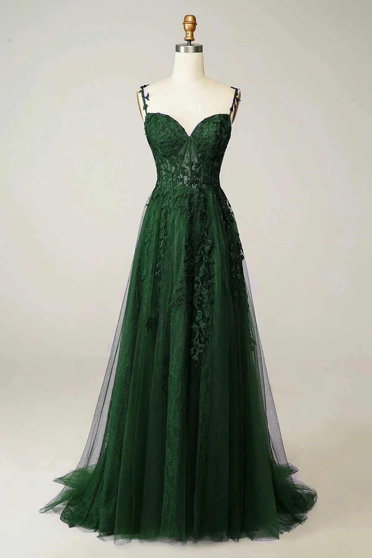Green Tulle Lace Long Prom Dress Beautiful Spaghetti Straps Formal Dress
