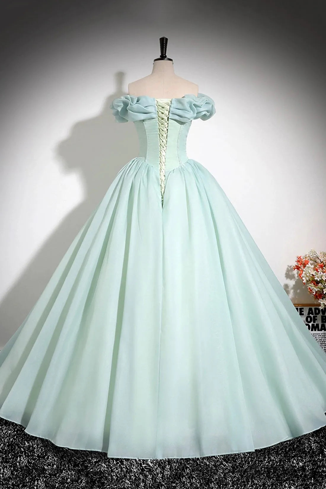 Green Tulle Long A-Line Prom Dress Lovely Off the Shoulder Evening Party Dress