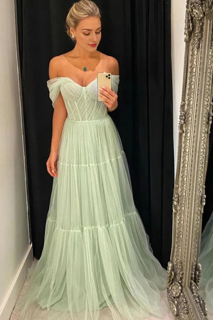 Green Tulle Long A-Line Prom Dress Off the Shoulder Evening Party Dress