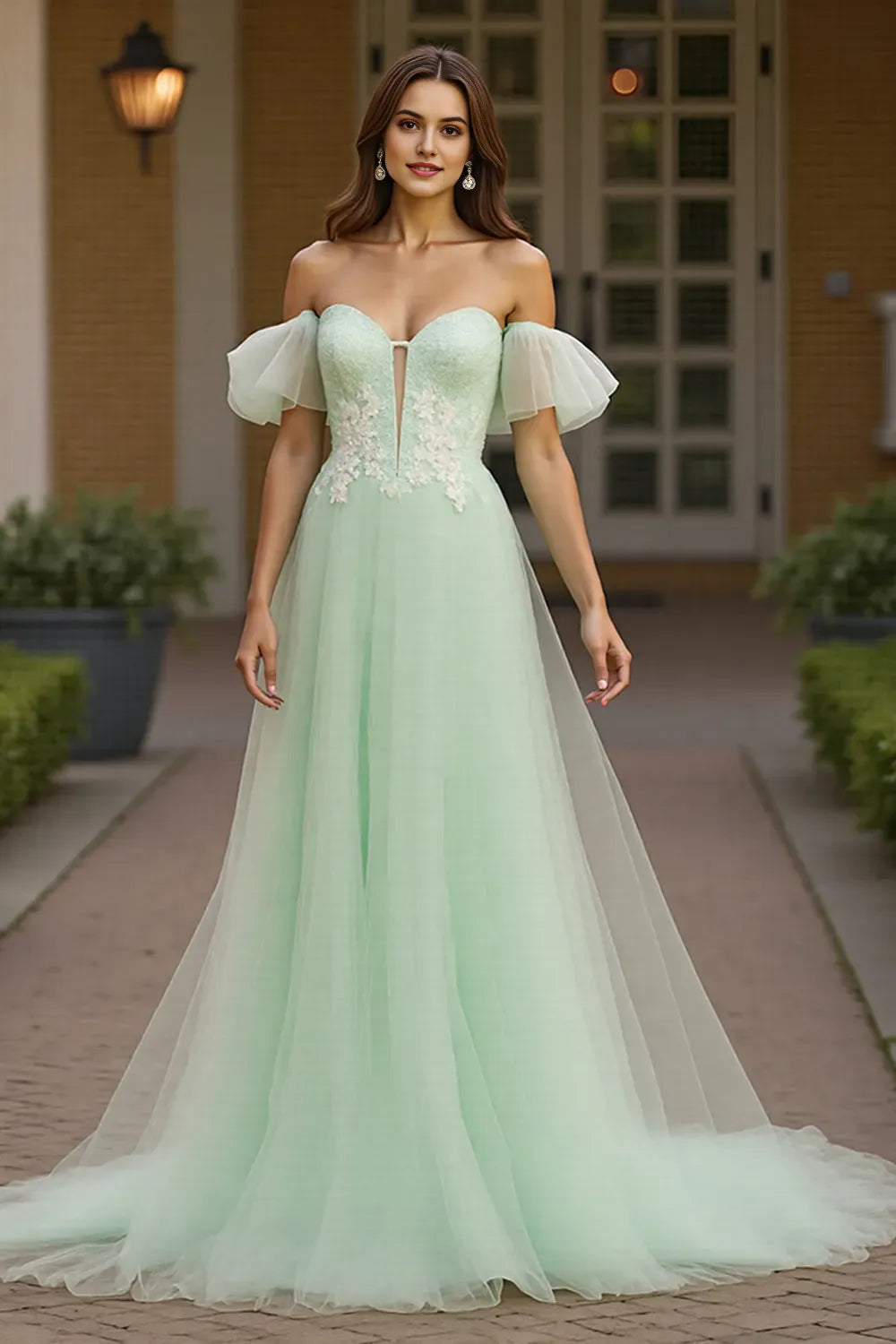 Green Tulle Off the Shoulder Long A Line Prom Dress with Appliques