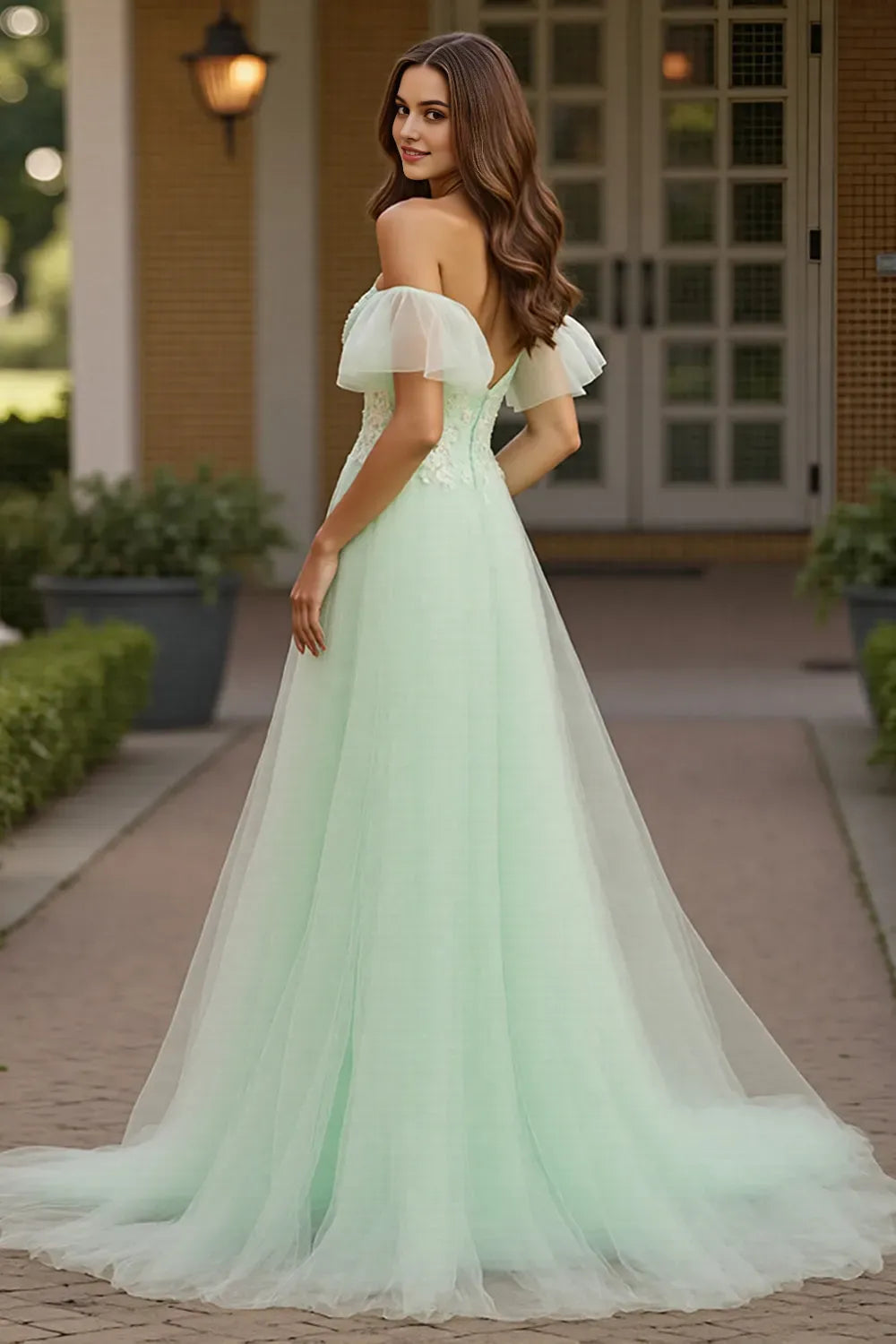 Green Tulle Off the Shoulder Long A Line Prom Dress with Appliques