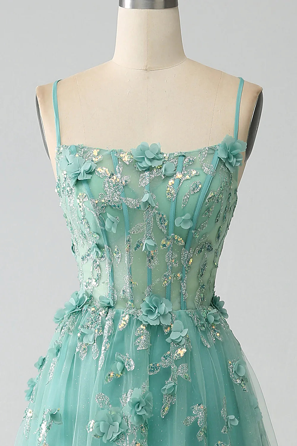 DingJiDress Green A-Line Spaghetti Straps Long Corset Prom Dress with Appliques