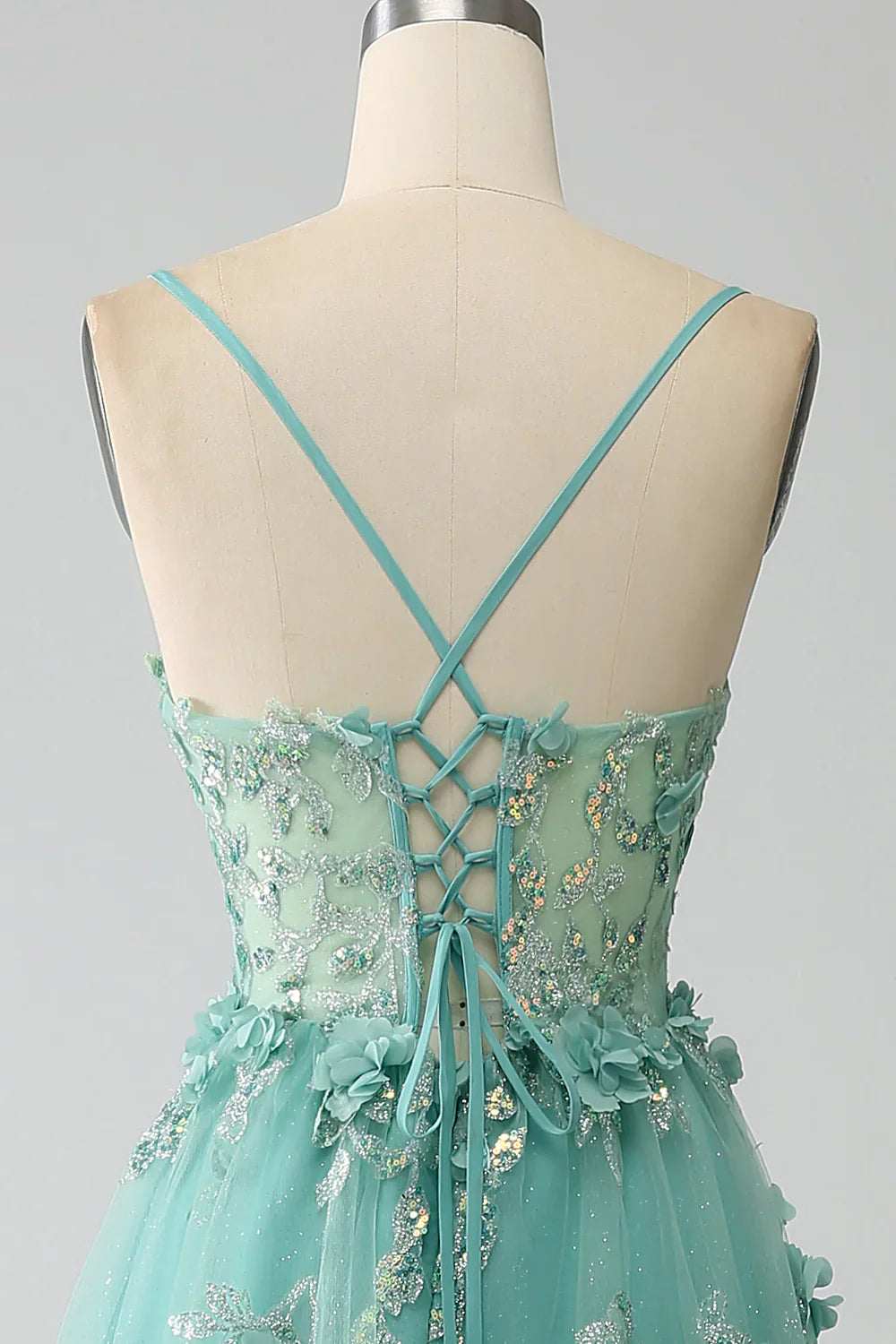 DingJiDress Green A-Line Spaghetti Straps Long Corset Prom Dress with Appliques