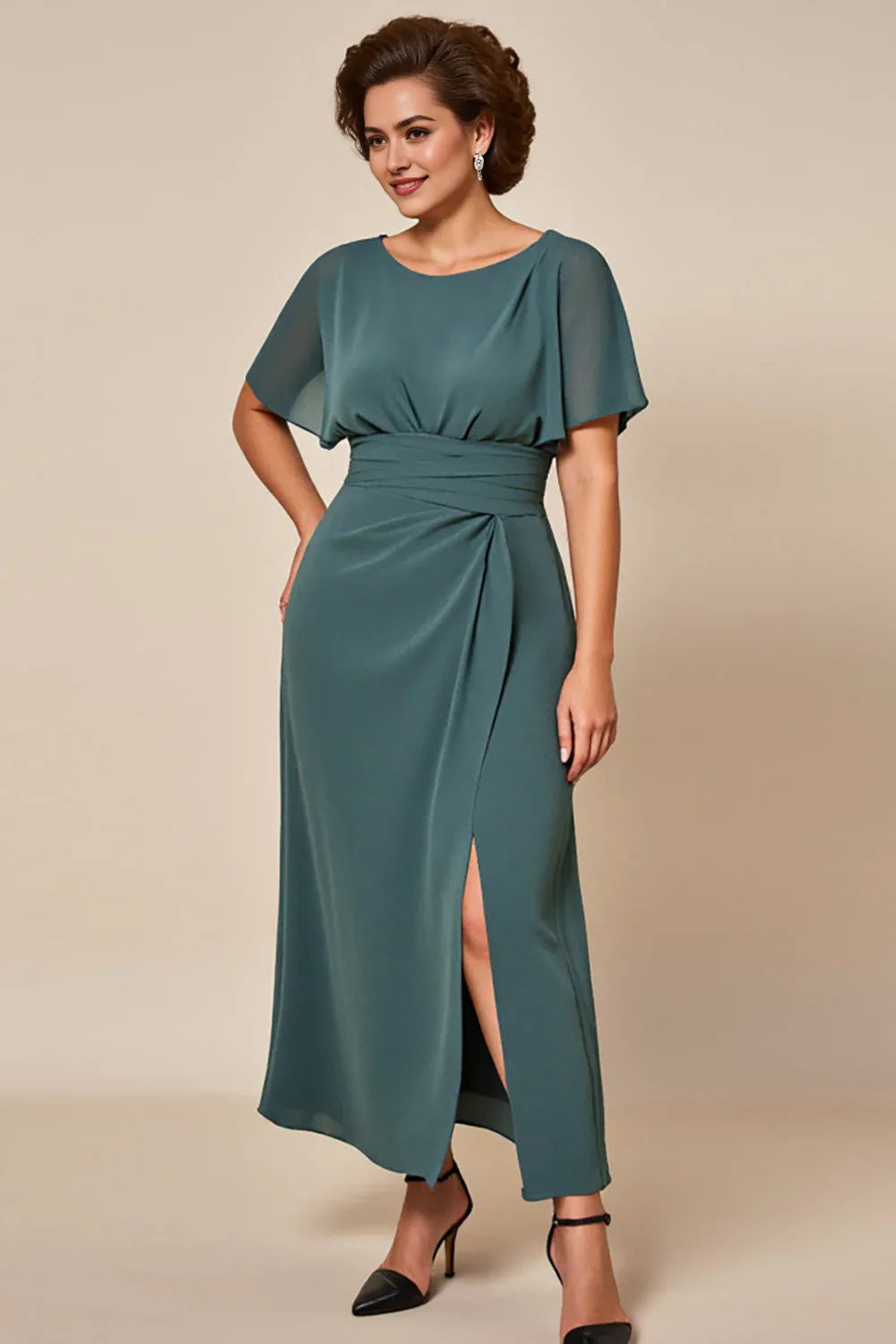 Grey Blue Chiffon Long Scoop Neck Mother of the Bride Dress with Slit