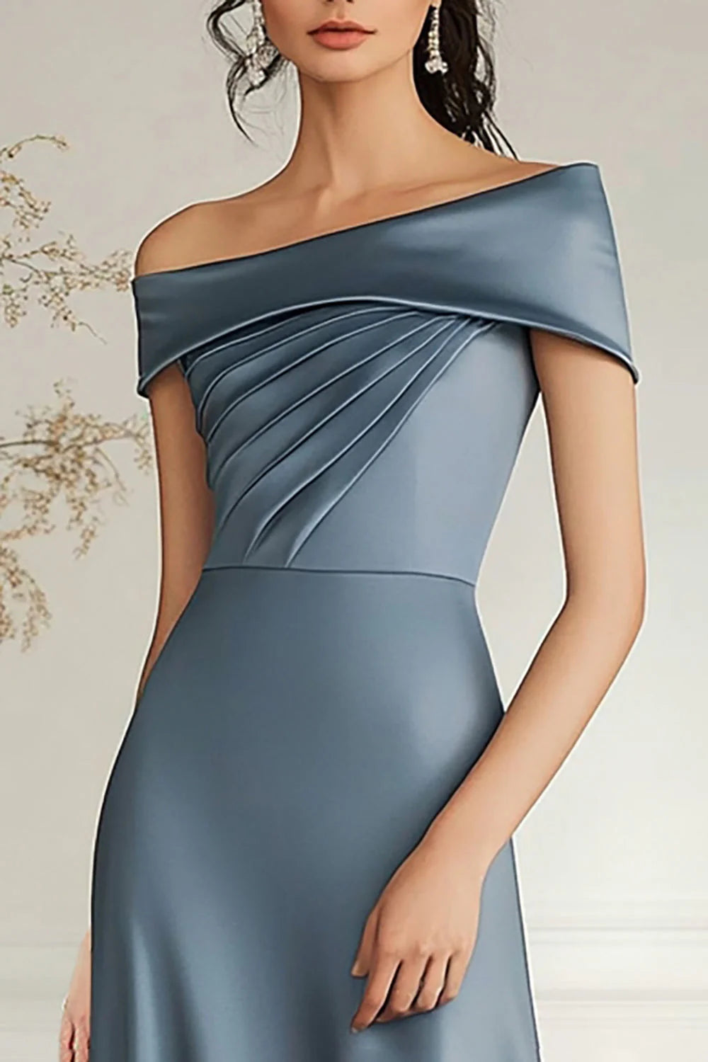 Grey Blue Long Boat Neck A Line Satin Long Mother Of Bride Dress ﻿