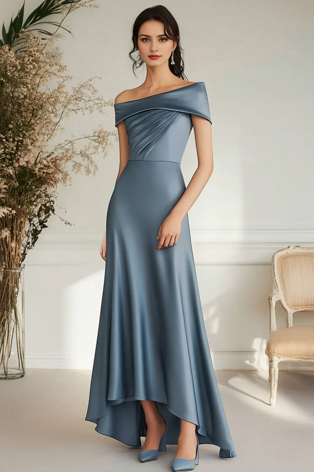 Grey Blue Long Boat Neck A Line Satin Long Mother Of Bride Dress ﻿