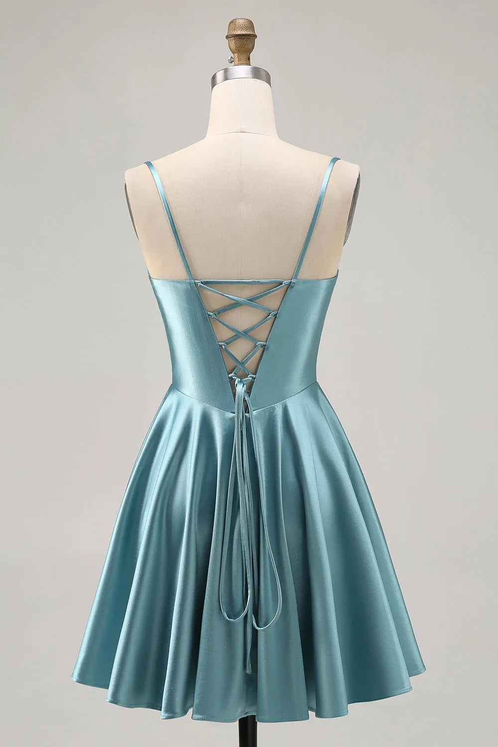 Grey Green Satin Ruched A Line Short Corset Homecoming Dress