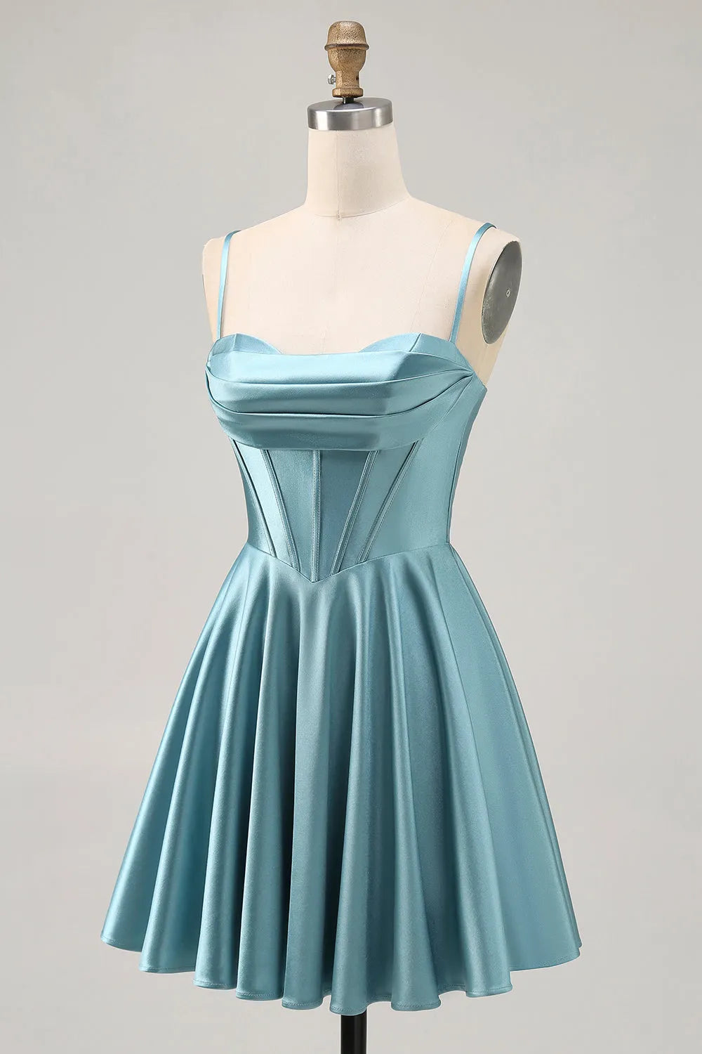 Grey Green Satin Ruched A Line Short Corset Homecoming Dress