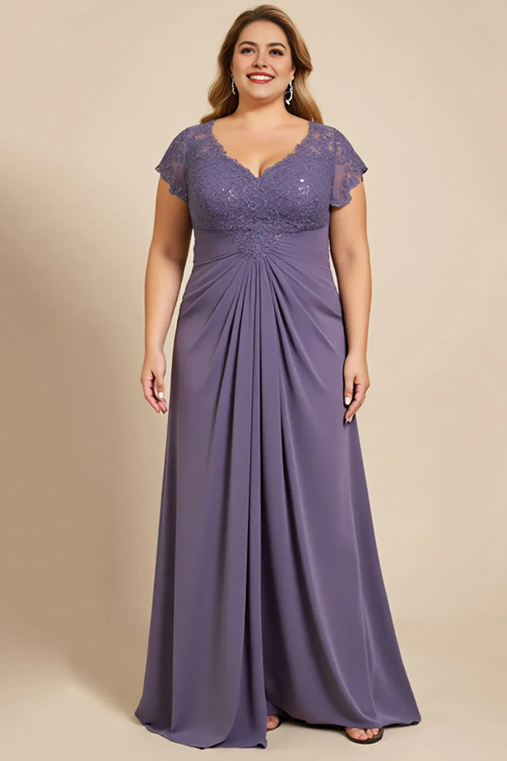Grey Purple Plus Size Long Mother of the Bride Dress with Cap Sleeves