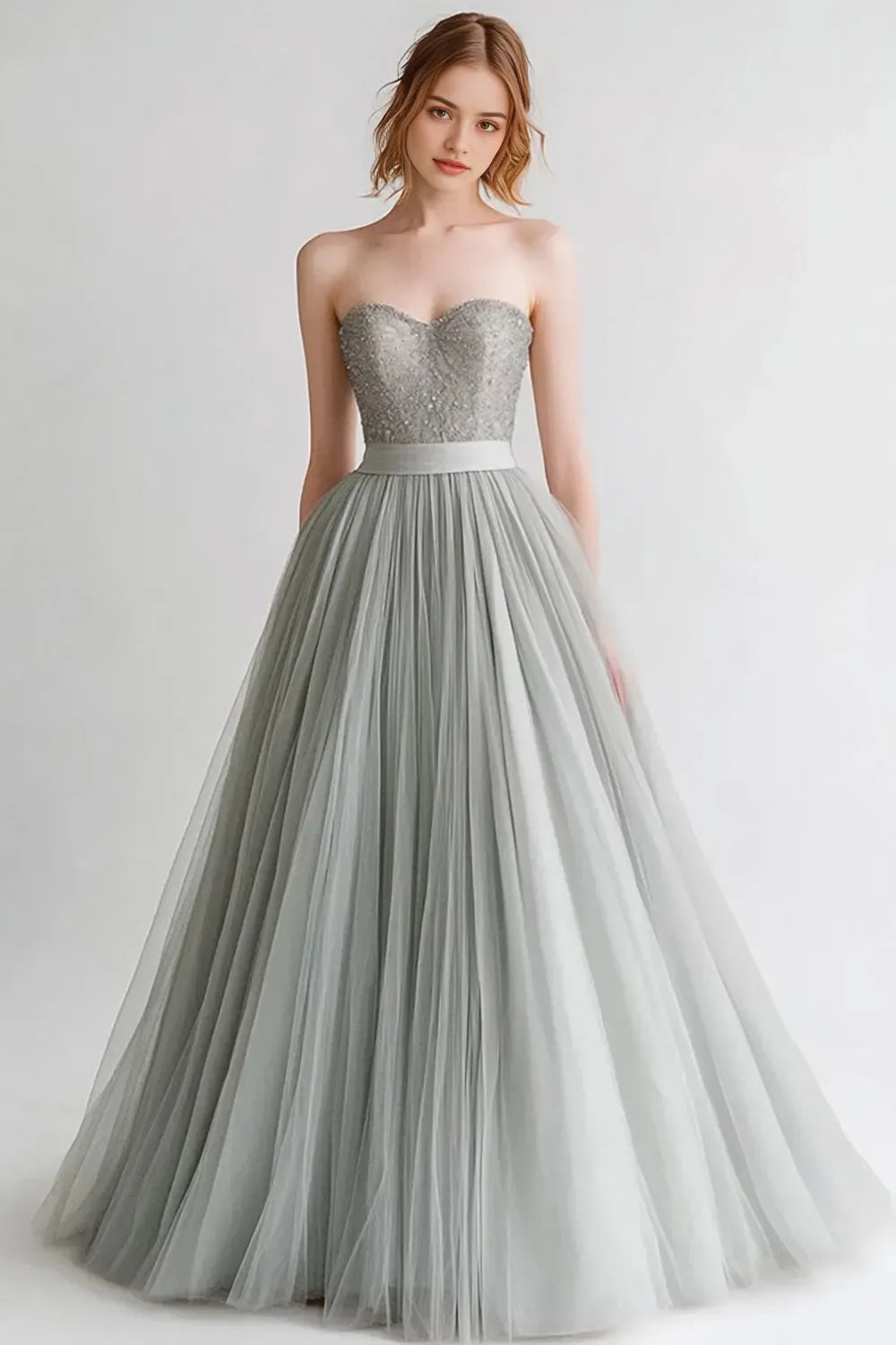 Grey Strapless A Line Tulle Evening Dress