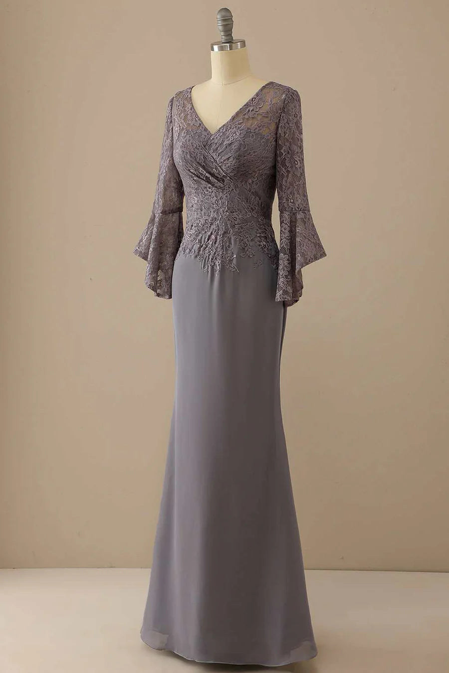 Grey V-Neck Ruffled Sleeve Mermaid Mother of the Bride Dress