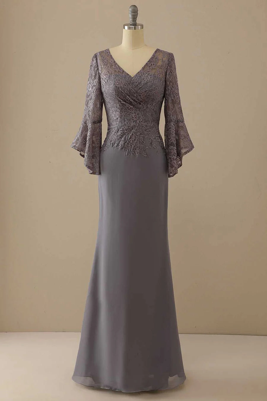 Grey V-Neck Ruffled Sleeve Mermaid Mother of the Bride Dress