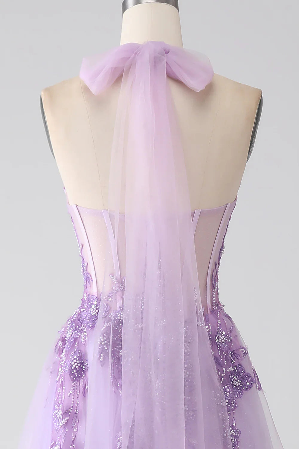 DingJiDress Grey Purple A-Line Halter Neck Beaded Long Prom Dress