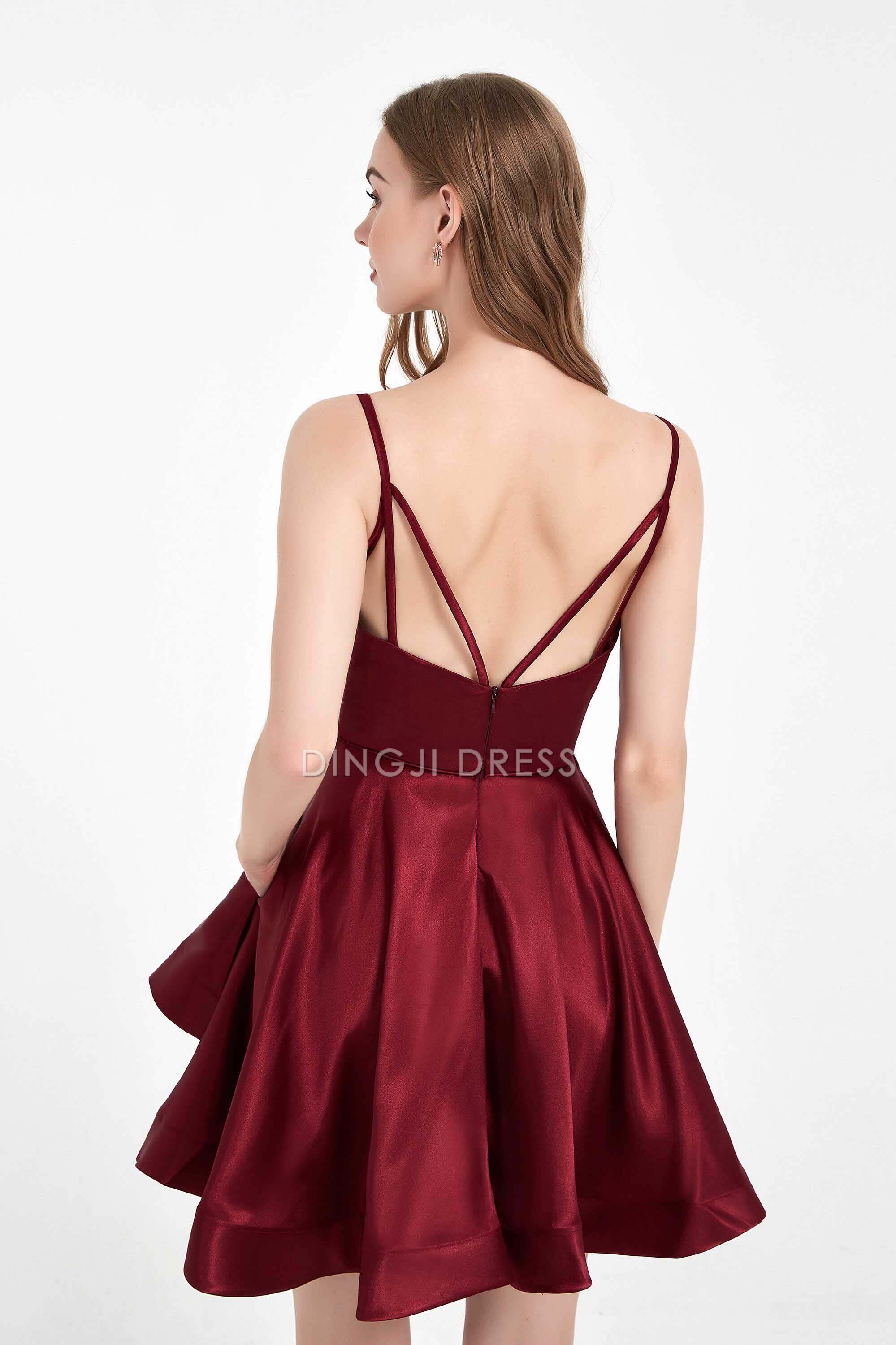 DingJiDress Hot Sale Homecoming Dress Fashion A Line Round Neck Spaghetti Straps Backless Double-Layer Ruched Simple Short Dress