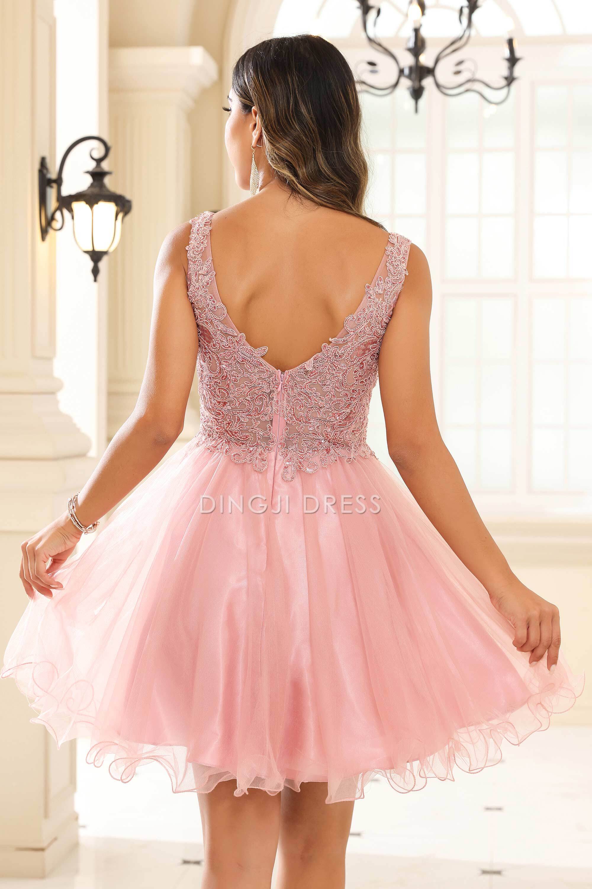 DingJiDress Hot Sale Homecoming Dress Exquisite A-Line V-Neck Sleeveless Ruched Tulle Sexy Mini Dress