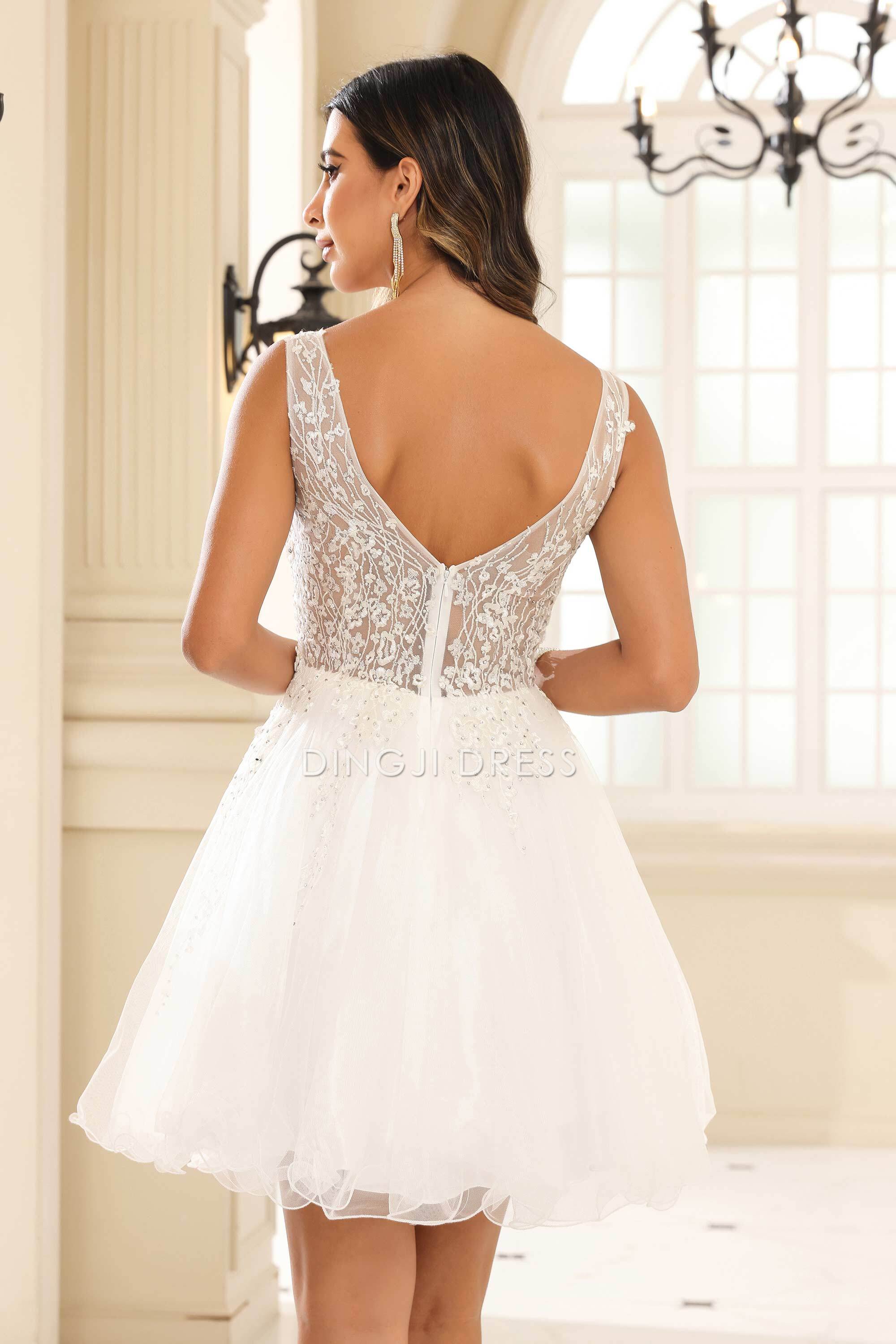 DingJiDress Hot Sale Homecoming Dress Exquisite A-Line V-Neck Sleeveless Applique Tulle Romantic Mini Dress