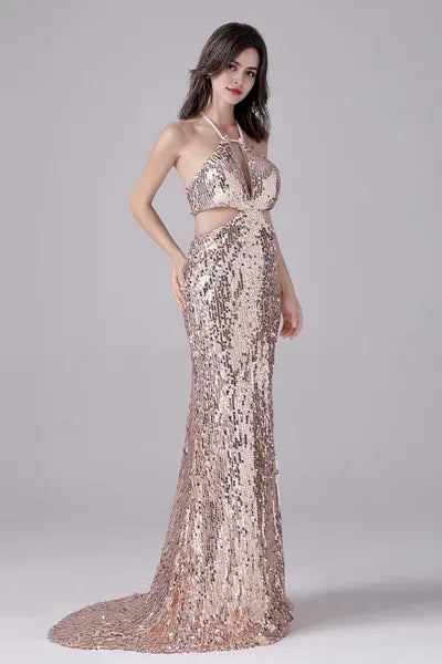 Halter Sleeveless Backless Sequined Floor Length mother's dress
