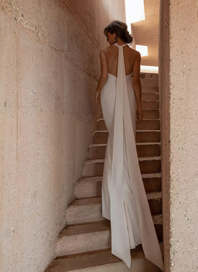 Halter Sleeveless Satin Wedding Dress Sweep Train Split Front