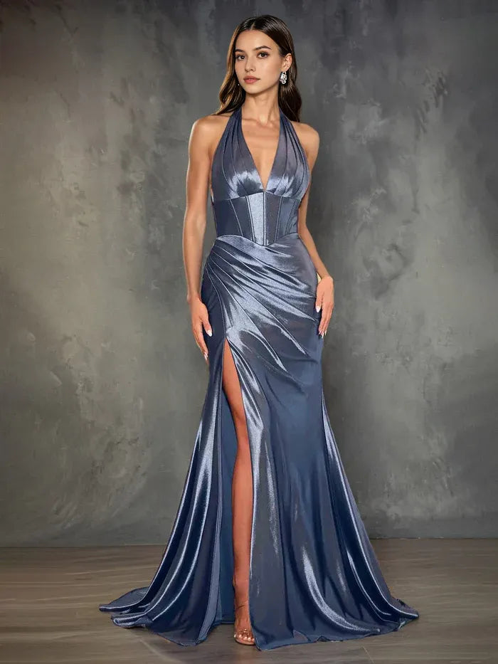 Halter V-Neck Trumpet/Mermaid High Waist Ruched Prom Dress With Slit