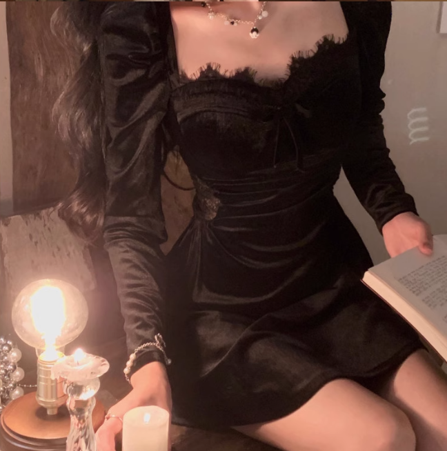 Hepburn style birthday dress daily party French temperament velvet black dress for women