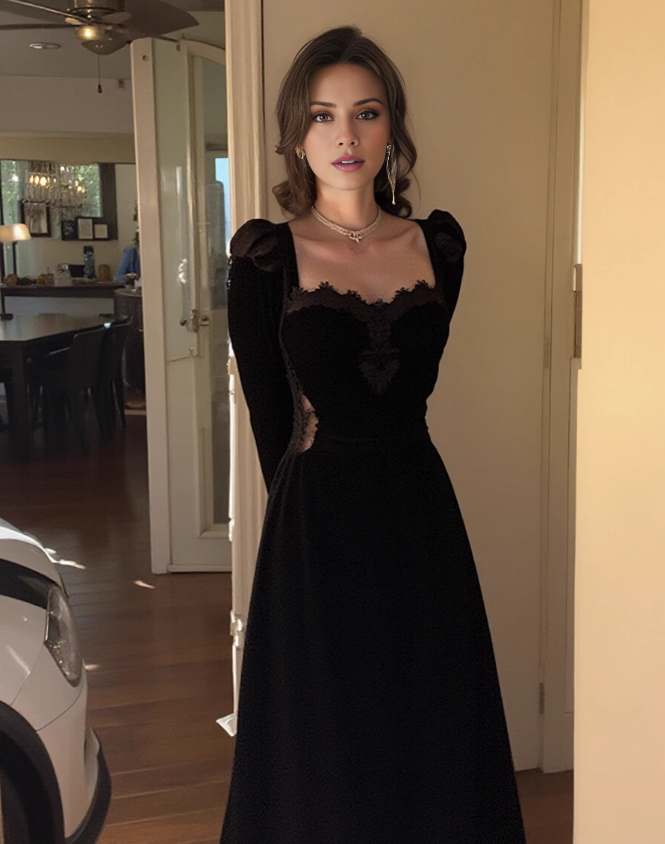Hepburn style birthday dress daily party French temperament velvet black dress for women