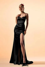 High - Slit Royal Blue Satin Party Dress with Spaghetti Straps