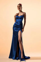 High - Slit Royal Blue Satin Party Dress with Spaghetti Straps