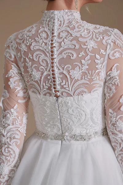 High Collar Lace Applique Long Sleeves Floor Length Wedding Dress