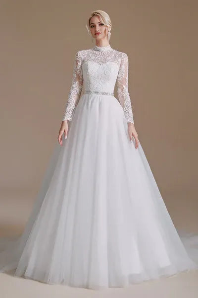 High Collar Lace Applique Long Sleeves Floor Length Wedding Dress