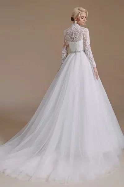 High Collar Lace Applique Long Sleeves Floor Length Wedding Dress
