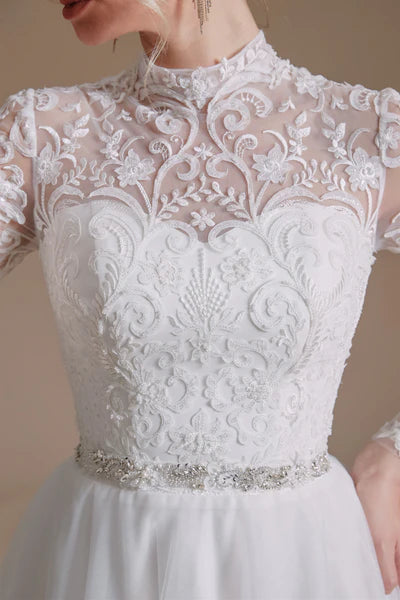 High Collar Lace Applique Long Sleeves Floor Length Wedding Dress