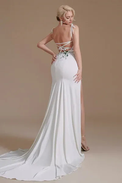 High Split Spaghetti strap Court Wedding Dress