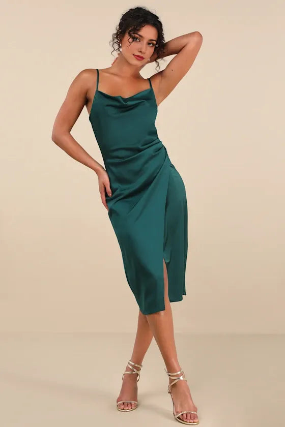 Hollywood Woman Forest Green Satin Evening Dresses