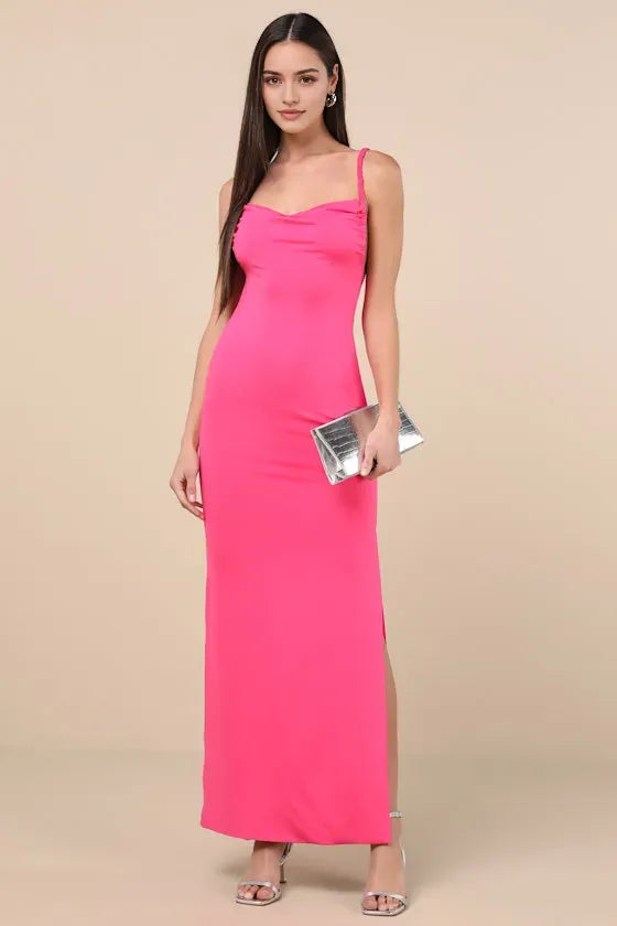 Hot Pink Bodycon Prom Dress with Cowl Neckline Spaghetti Straps Side Slit  Ruched Back Detail Perfect for Formal Galas