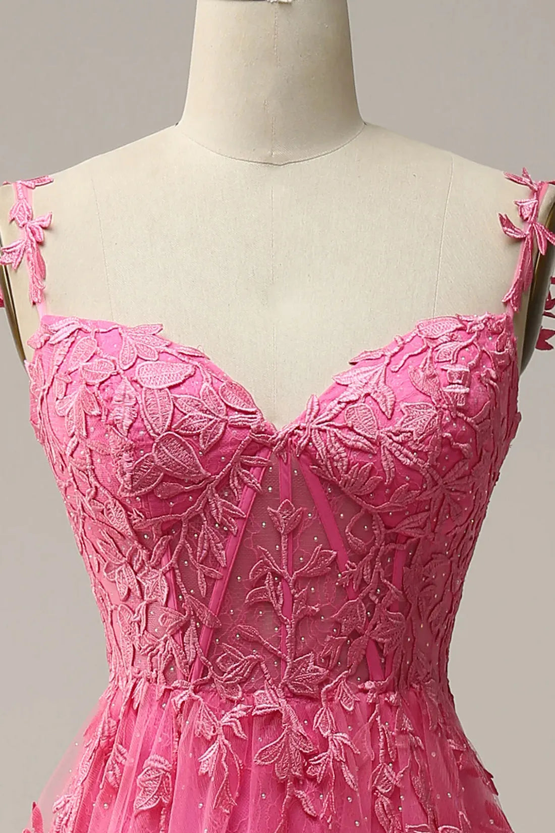 Hot Pink Lace Long Prom Dress Spaghetti Strap Evening Dress Party Dress