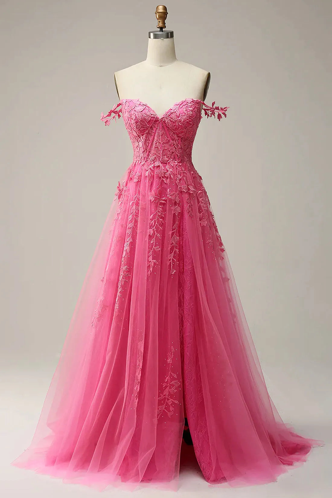 Hot Pink Lace Long Prom Dress Spaghetti Strap Evening Dress Party Dress